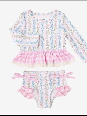 Girls Pink Floral Long-Sleeve Ruffle Bikini Set